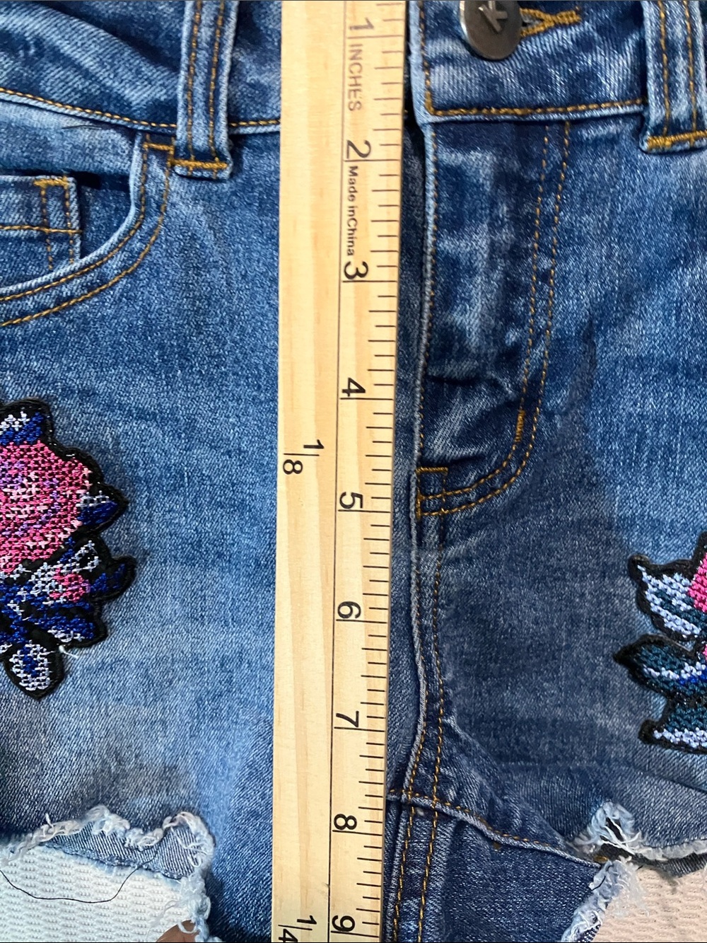 kidpik Dark Blue Denim Shorts with Pink Floral Sequin Patches - Picture 7 of 10